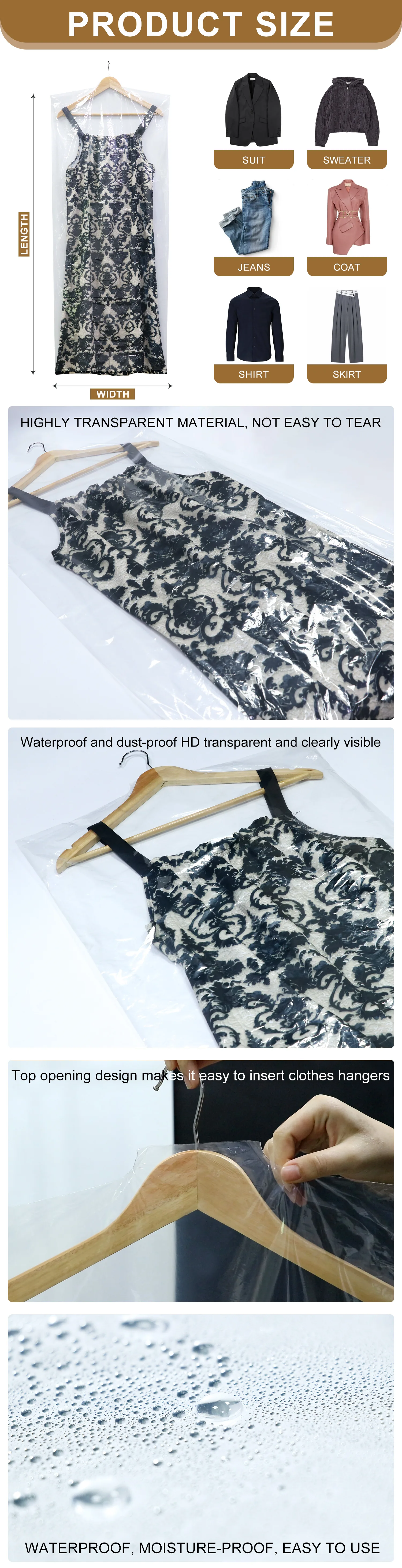 Spot Goods Long Dress Covers Garment Bags for Hanging Clothes Plastic Suit Bags Dust-proof Garment Bags for Coat Gowns Dresses