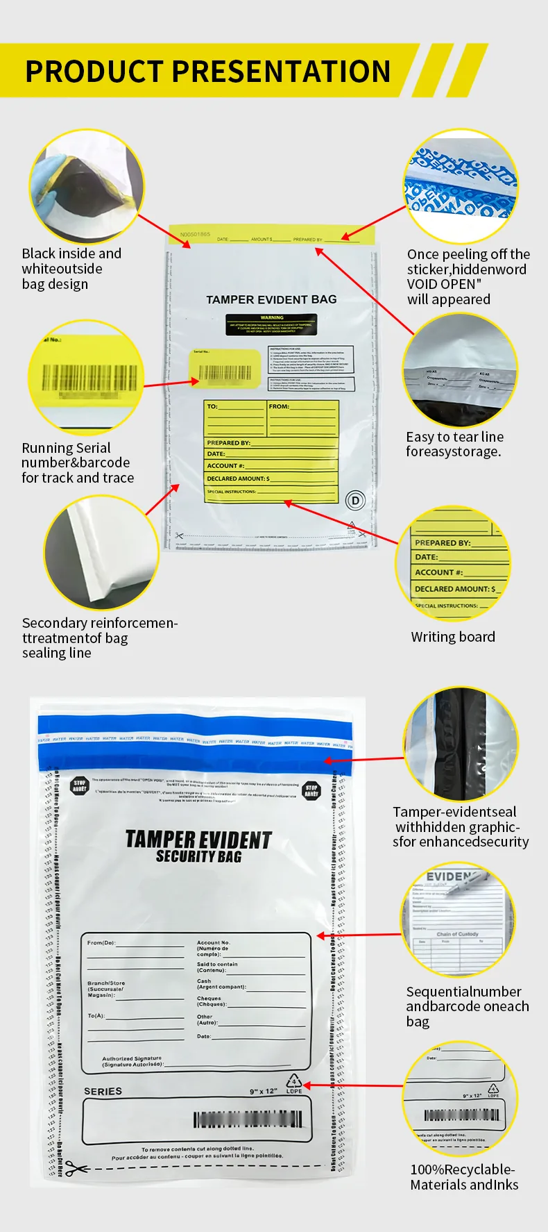 Tamper Evident Security S002 Vacuum Bag Cash Deposit Bags Self-Adhesive Opaque Gravure Printing LDPE/HDPE Custom Size Gold&