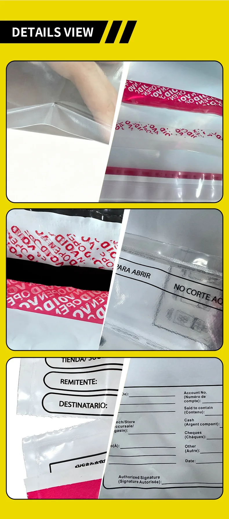 Tamper Evident Security S002 Vacuum Bag Cash Deposit Bags Self-Adhesive Opaque Gravure Printing LDPE/HDPE Custom Size Gold&